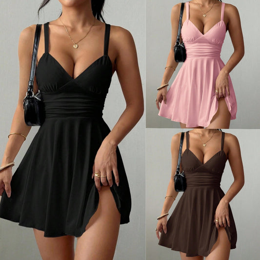 Women's Midi Pleated Knit Dress | V-Neck Sleeveless Slip Dress