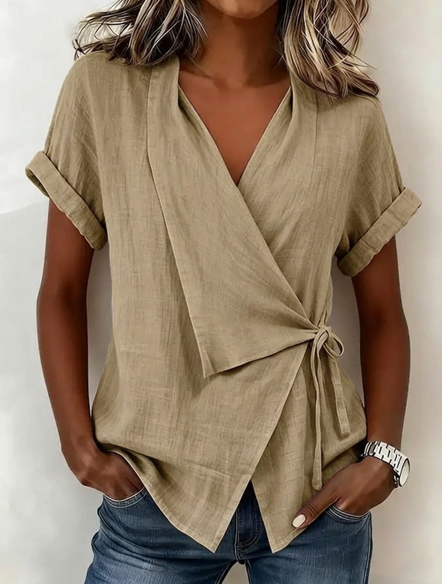 Women's Cotton-Linen Lapel Lace-Up Short-Sleeve Top