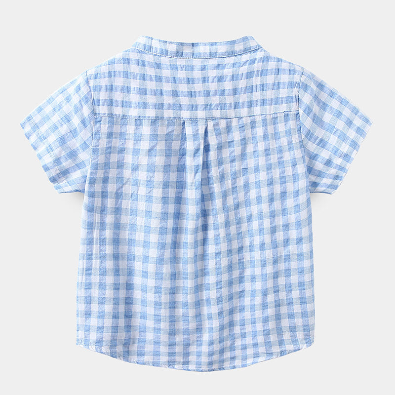 Boys' Cotton Plaid Short Sleeve Shirt | Blue & Grey Check