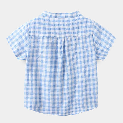 Boys' Cotton Plaid Short Sleeve Shirt | Blue & Grey Check