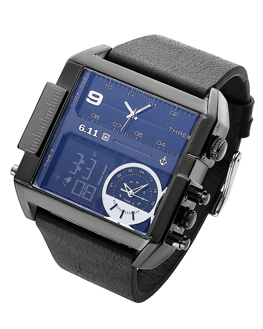 Men's Dual Display Sport Watch – 3 Time Zones, Alarm, 30M Water Resistant