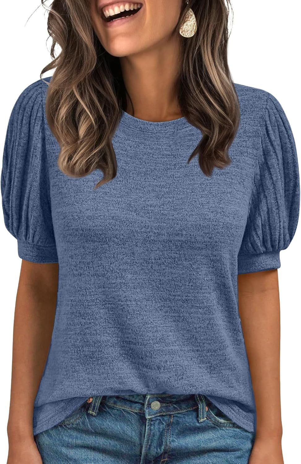 Women's Crew-Neck Elastic-Cuff Short-Sleeve Top