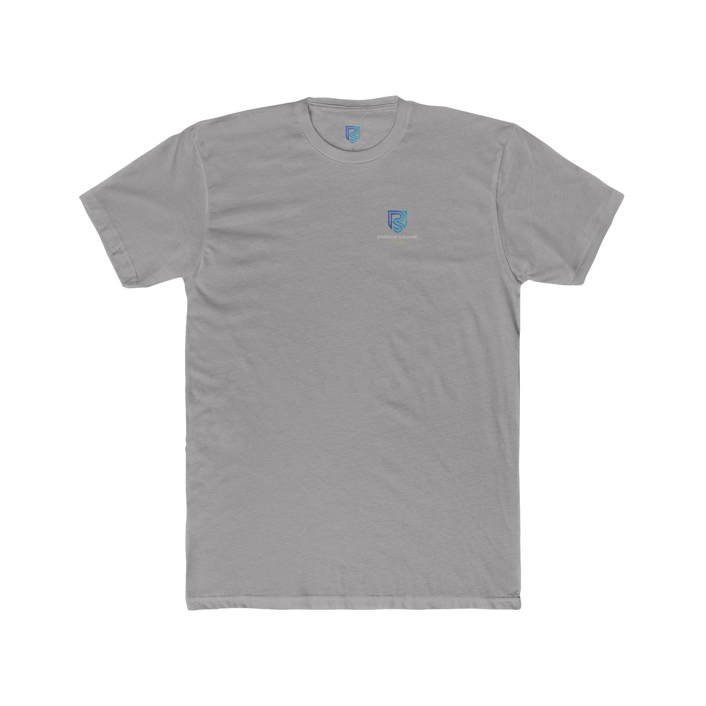 Gray t-shirt with a small logo on a white background