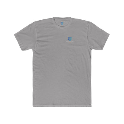 Gray t-shirt with a small logo on a white background