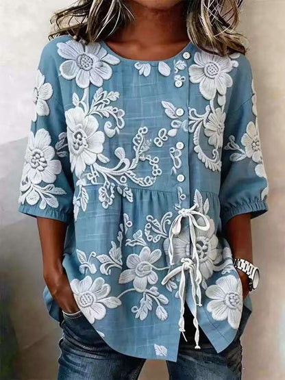 Women's Floral 3D Print Loose Pullover Top | Casual Commuter Cotton-Blend Shirt