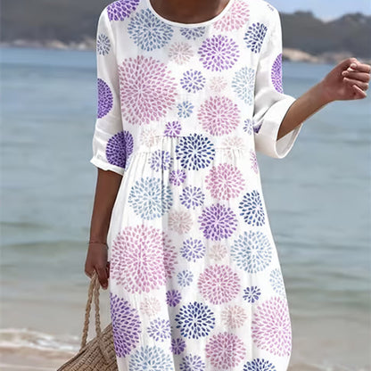 Women's Casual Round Neck Mid Sleeve Printed Dress | Purple