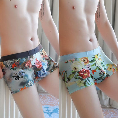 Men's Ice Silk Seamless Boxer Briefs Floral Print 2-Pack