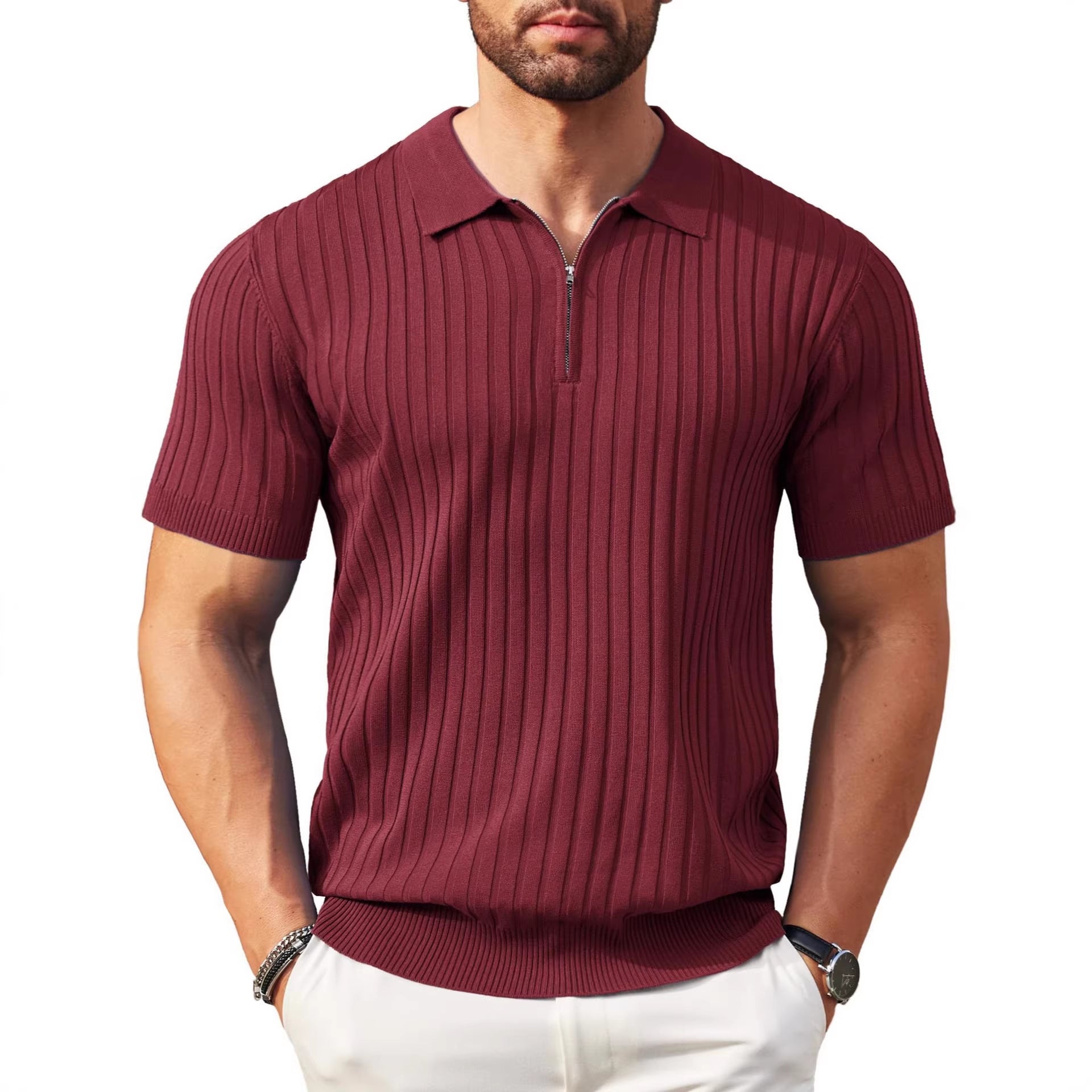 Men's Zip-Up Rib-Knit Polo Shirt | Slim Fit | S–5XL