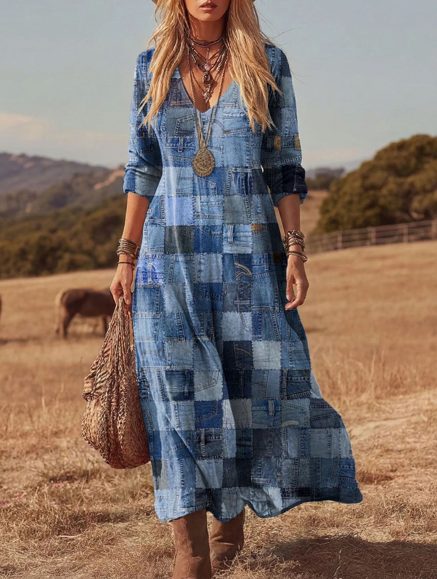 Women's 3D Print V-Neck Long Sleeve A-Line Dress