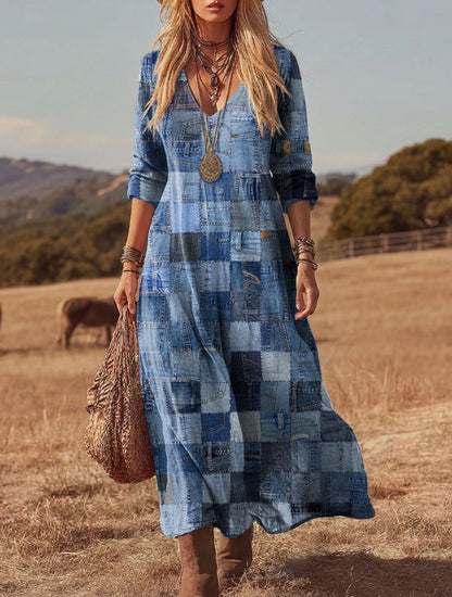 Women's 3D Print V-Neck Long Sleeve A-Line Dress