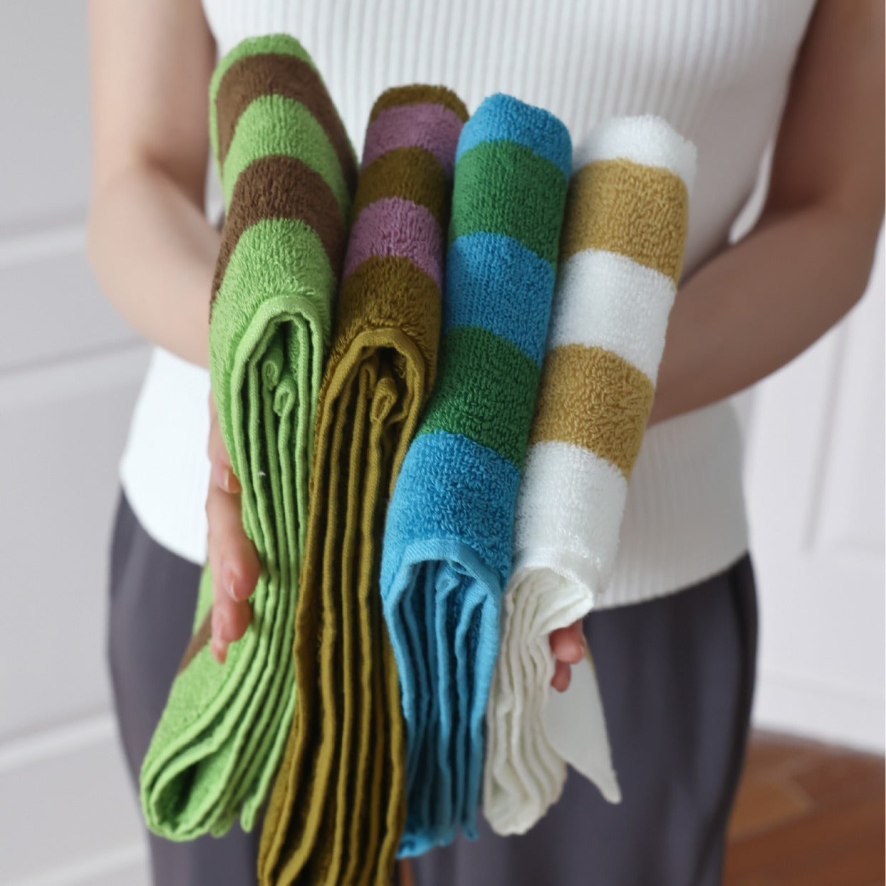 Wide Stripe Combed Cotton Towel | Retro Mori Style | 4 Colours | S, L or Set