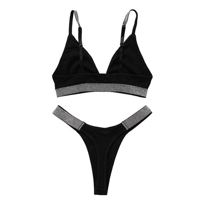 Women's Rhinestone Knit Wireless Bra & Knicker Set | Black