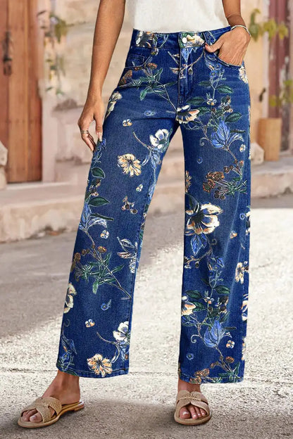 Women's High-Waist Straight-Leg Floral Print Jeans - Light & Dark Blue