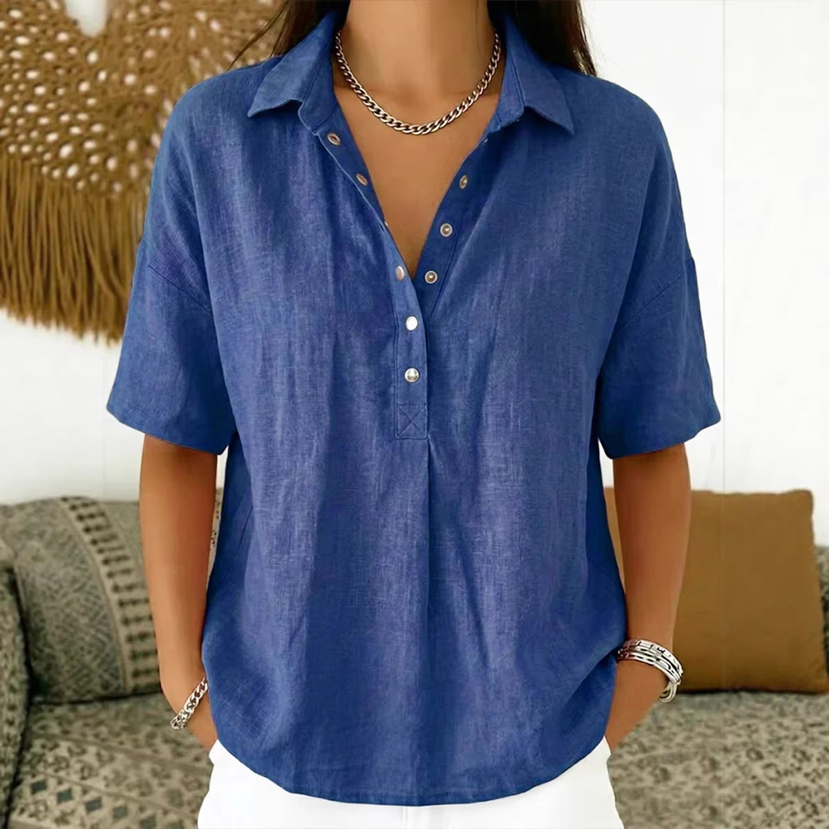 Women's Single-Breasted Lapel Short-Sleeve Shirt