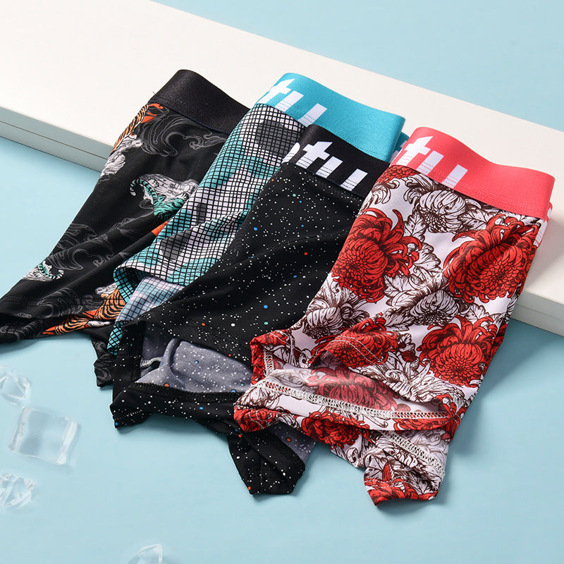 Men's Ice Silk Printed Boxer Briefs – Quick-Dry Breathable Mid-Waist 4 Designs