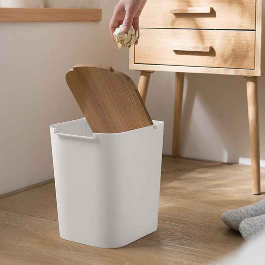 Press-Top Storage Bin with Wooden Lid – 6L PP Waste Bin for Kitchen & Bathroom