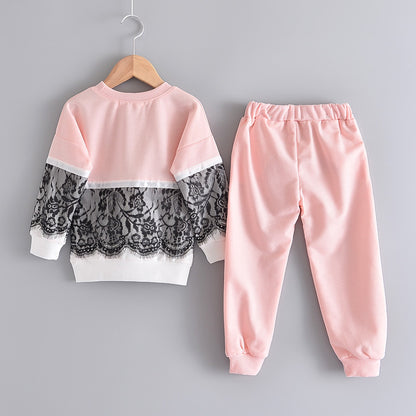 Girls' Lace-Trim Sweatshirt & Trousers Two-Piece Set