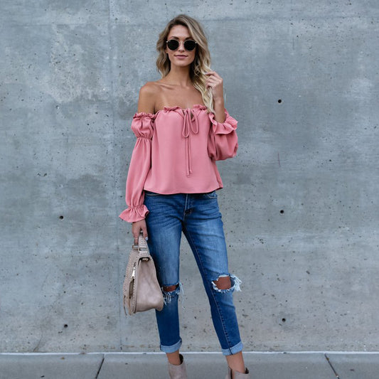 Women's Backless Off-Shoulder Puff Sleeve Chiffon Top | Loose Pullover Patchwork Blouse