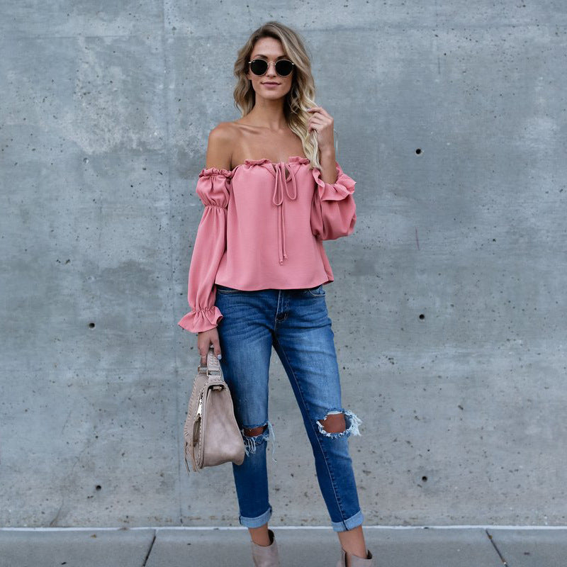 Women's Backless Off-Shoulder Puff Sleeve Chiffon Top | Loose Pullover Patchwork Blouse