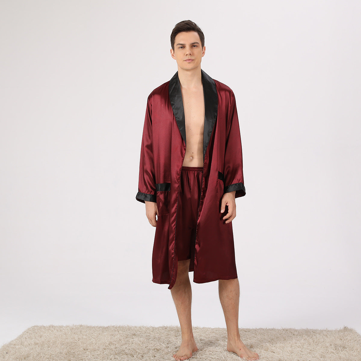 Men's Artificial Silk Robe & Shorts Set | Bold Print Loungewear