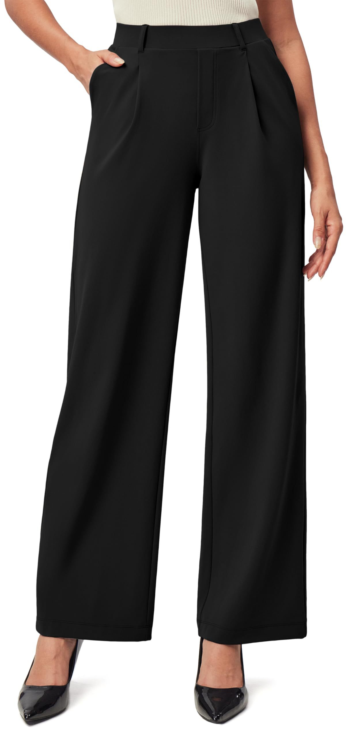 Women's High Waist Wide-Leg Work Trousers - Nylon Blend