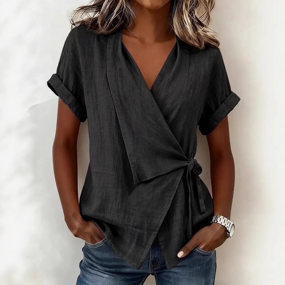 Women's Cotton-Linen Lapel Lace-Up Short-Sleeve Top