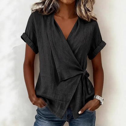 Women's Cotton-Linen Lapel Lace-Up Short-Sleeve Top