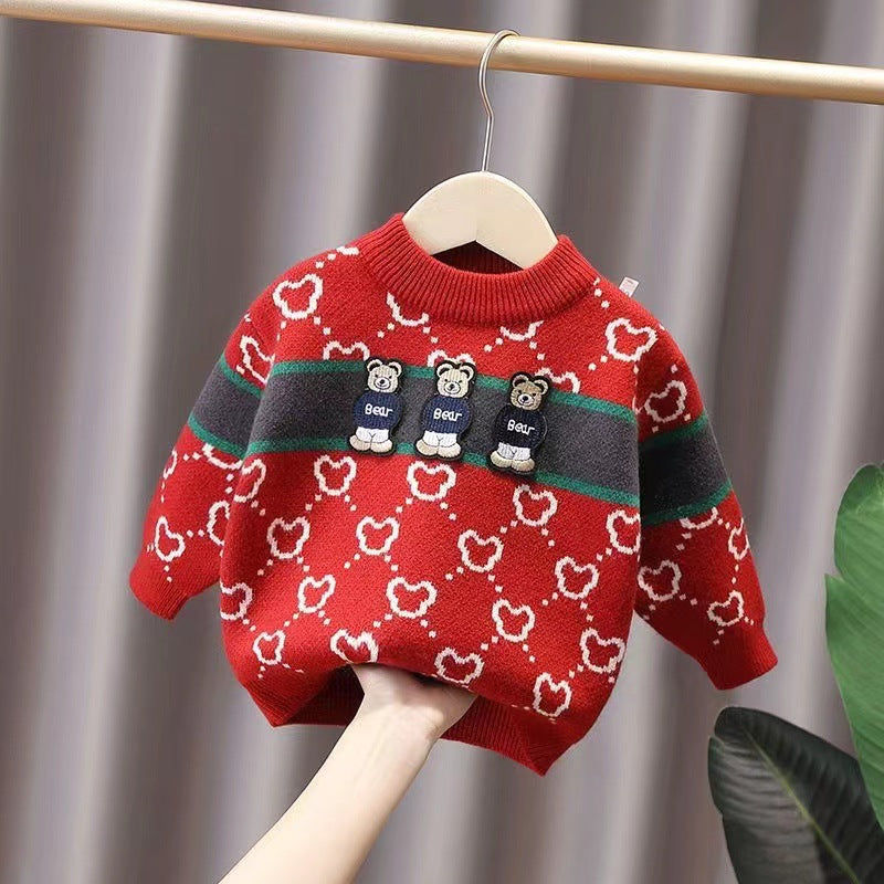 Children's Bear Print Velvet Thickened Pullover Sweater | Boys & Girls Winter Top