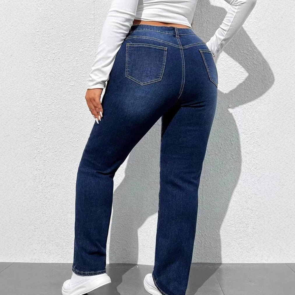 Women's Washed Distressed Straight-Leg Jeans - Dark Blue, S-8XL