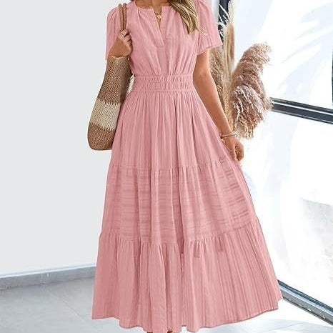 Women's V-Neck Pleated Puff Sleeve Maxi Dress