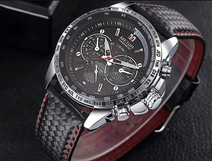 Men's Leather Strap Quartz Watch | 43mm, 3 ATM Water Resistant