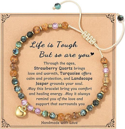 Natural Stone Heart Pendant Bracelet | Hand-Woven Turquoise & Gold Bead Wax Cord