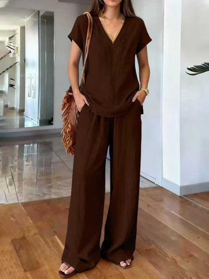Women's V-Neck Short Sleeve Top and Wide-Leg Pants Co-ord Set