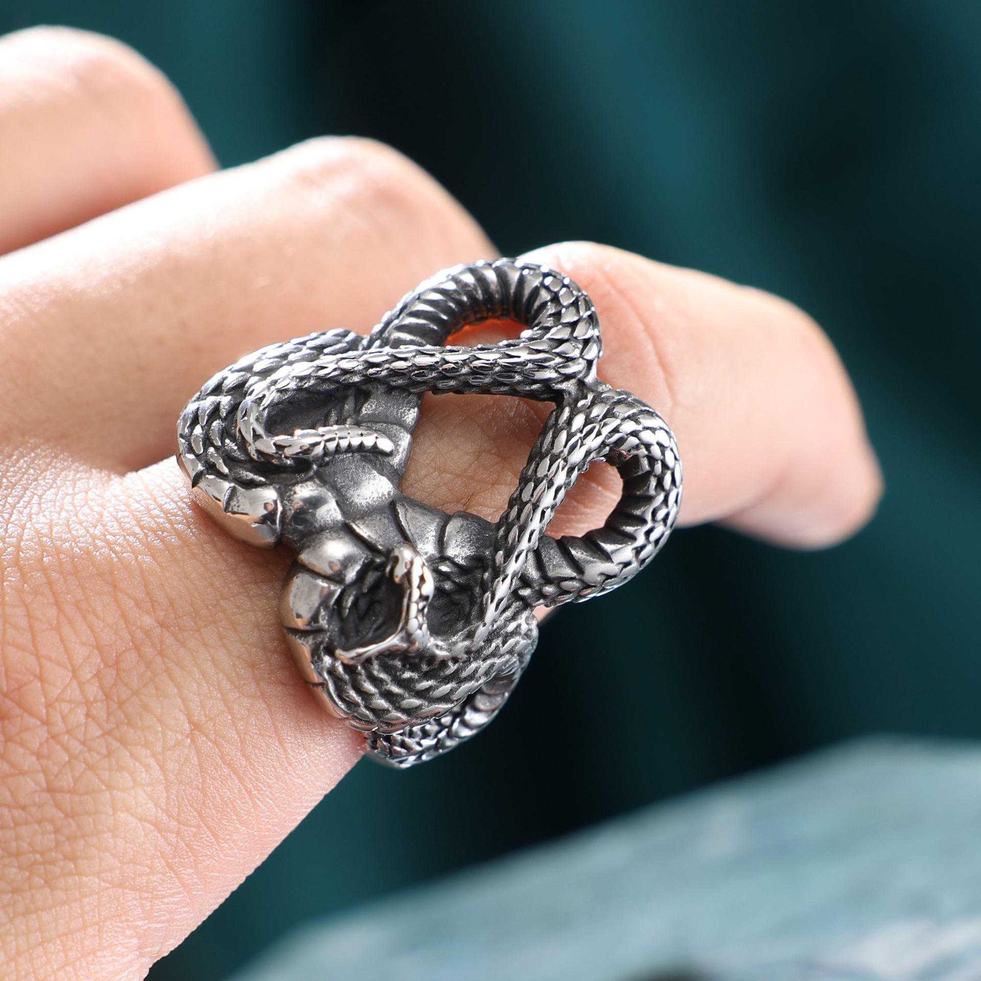 Men's Stainless Steel Tiger Head & Snake Ring – Bold Animal Totem Band