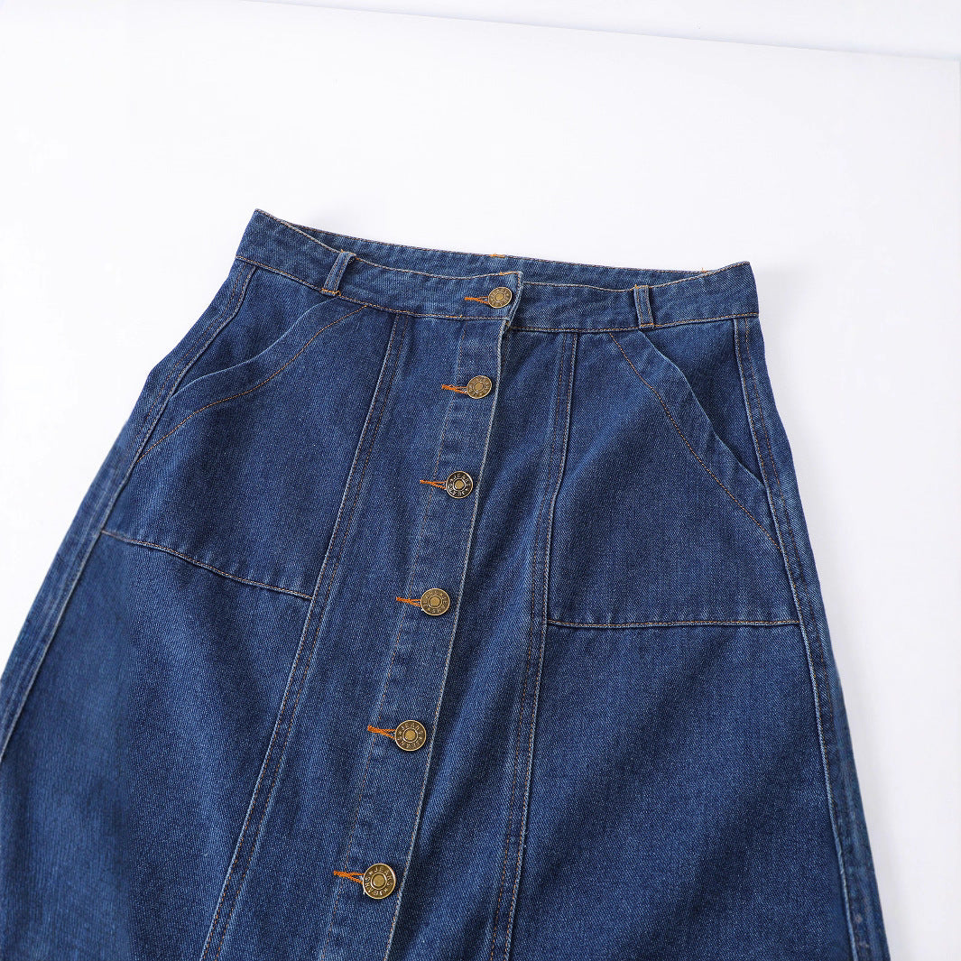 Women's Dark Blue Denim Skirt | Single-Breasted with Pockets