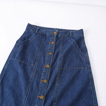 Women's Dark Blue Denim Skirt | Single-Breasted with Pockets