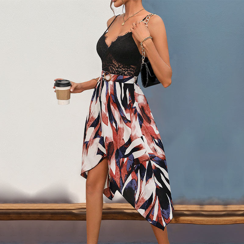 V-Neck Sleeveless Lace Print Midi Dress | High Waist