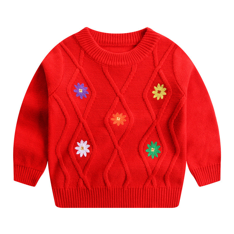 Girls Embroidered Flower Knit Sweater – Round Neck Cotton Top