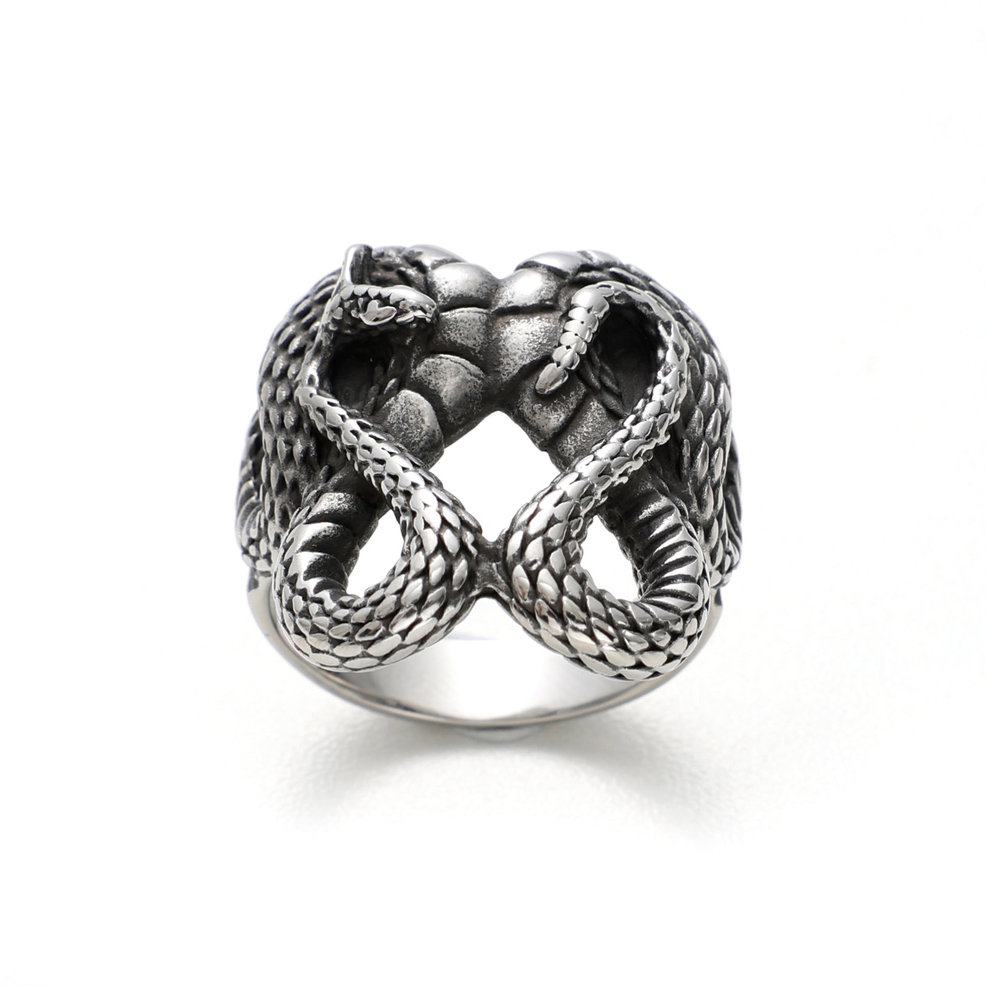 Men's Stainless Steel Tiger Head & Snake Ring – Bold Animal Totem Band