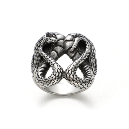 Men's Stainless Steel Tiger Head & Snake Ring – Bold Animal Totem Band
