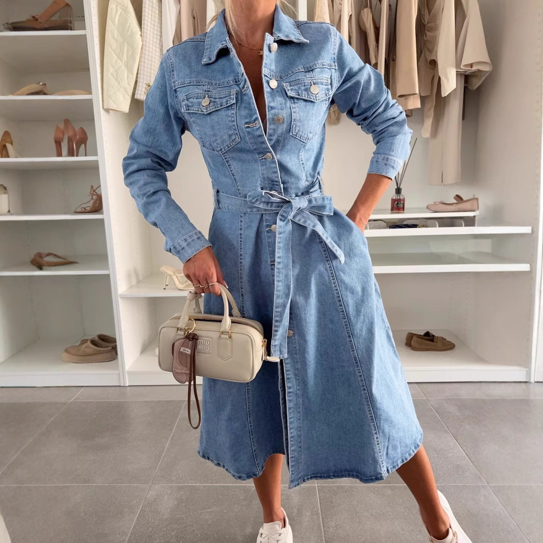 Women's Long Sleeve Washed Denim Shirt Dress | A-Line | S-3XL