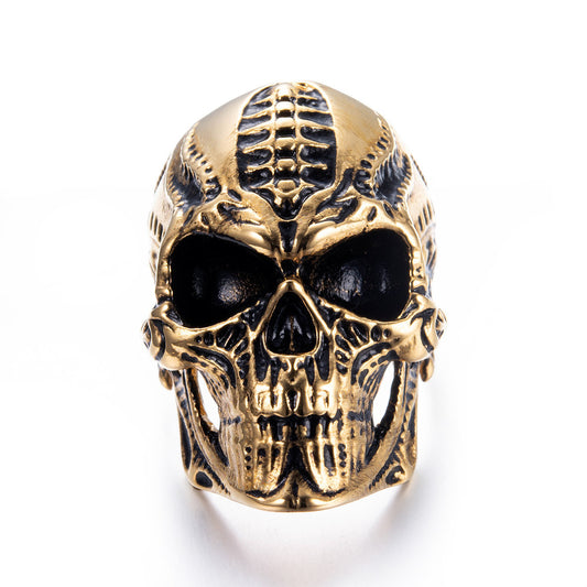 Men's Stainless Steel Skull Punk Ring – Wide Hip Hop Statement Band Silver, Black & Gold