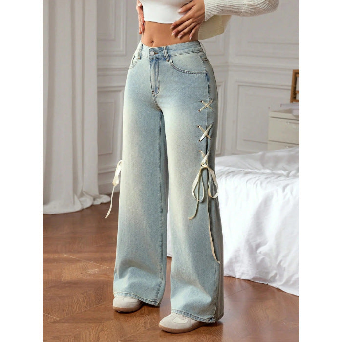 Women's High-Waist Bow Detail Straight-Leg Jeans - Peacock Blue