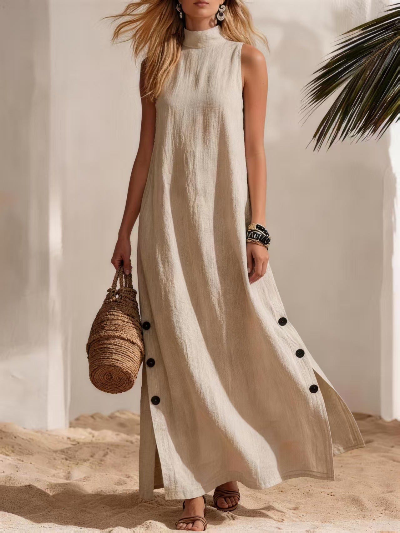 Women's Sleeveless Cotton Linen Midi Dress with Side Slits