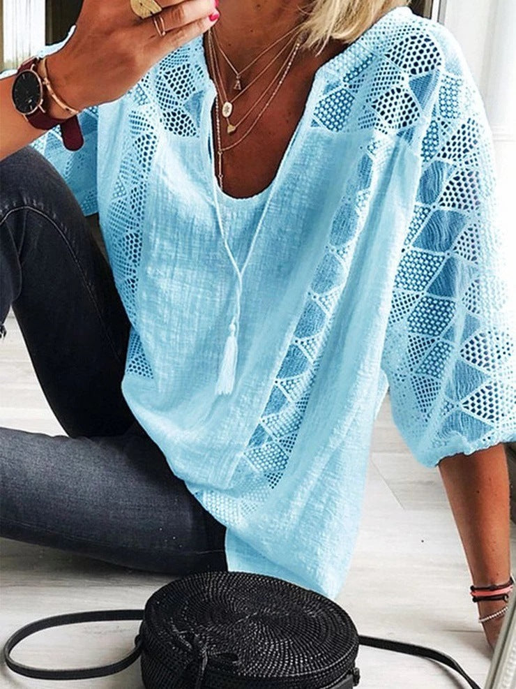 Women's Lace-Stitching U-Neck Three-Quarter Sleeve Top