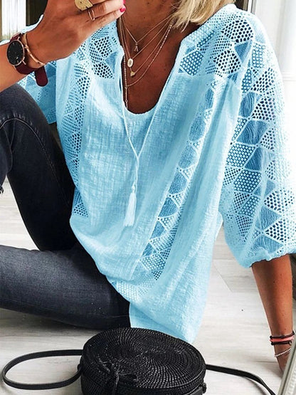 Women's Lace-Stitching U-Neck Three-Quarter Sleeve Top