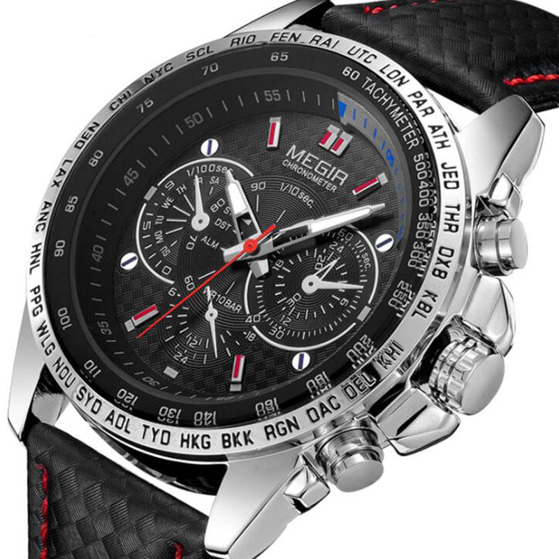 Men's Leather Strap Quartz Watch | 43mm, 3 ATM Water Resistant