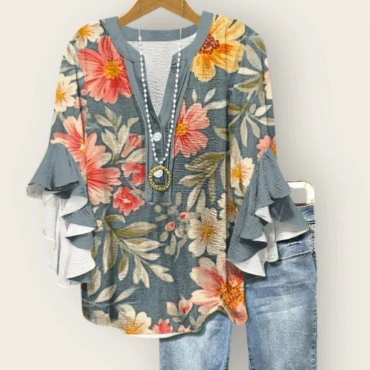 Women's V-Neck Floral Edge Blouse | Casual Printed Polyester Top