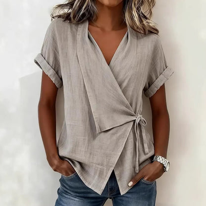 Women's Cotton-Linen Lapel Lace-Up Short-Sleeve Top