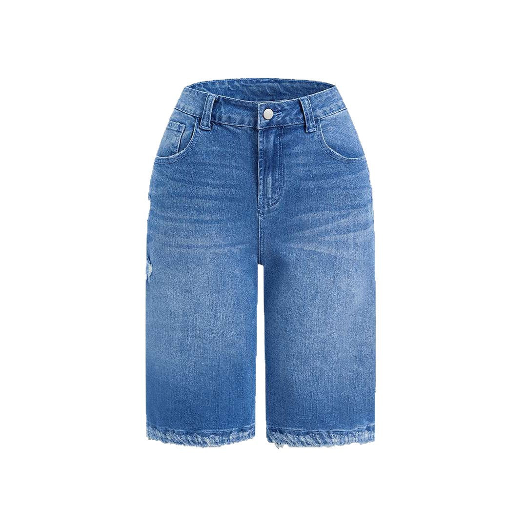 Women's Ripped Raw-Edge Denim Shorts - Blue, S-2XL